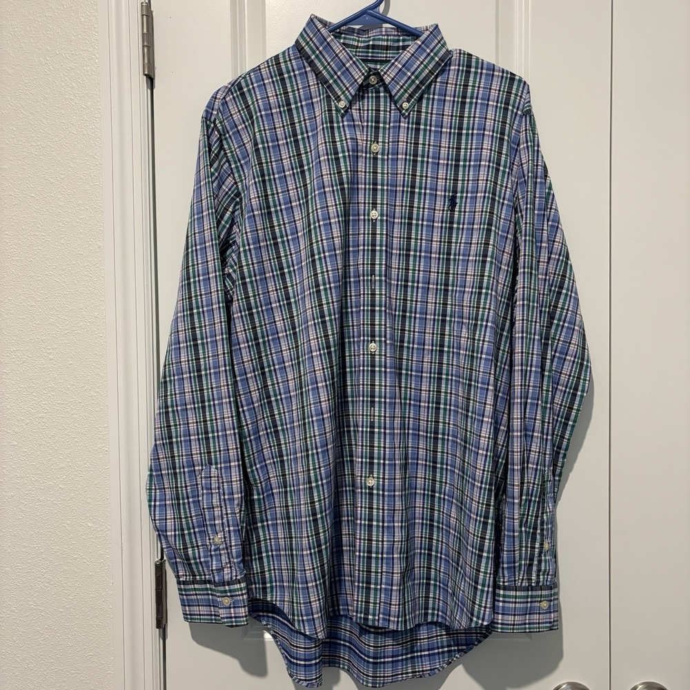 Ralph Lauren Performance Plaid Long Sleeve Polo Shirt Blue‎ Mens L